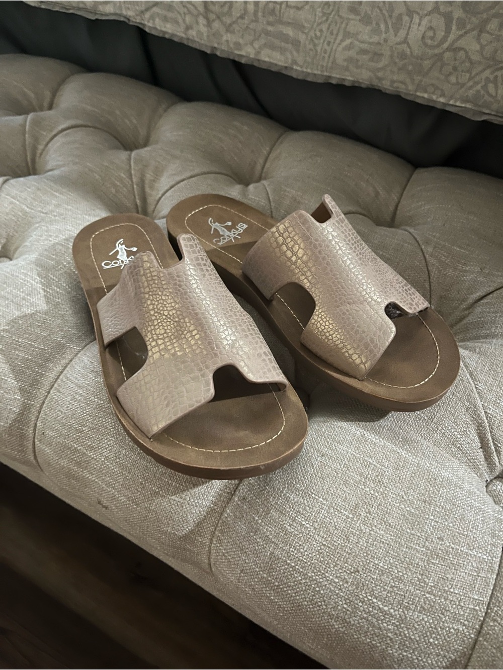 Corkys Taupe Snake-Embossed Slide Sandals